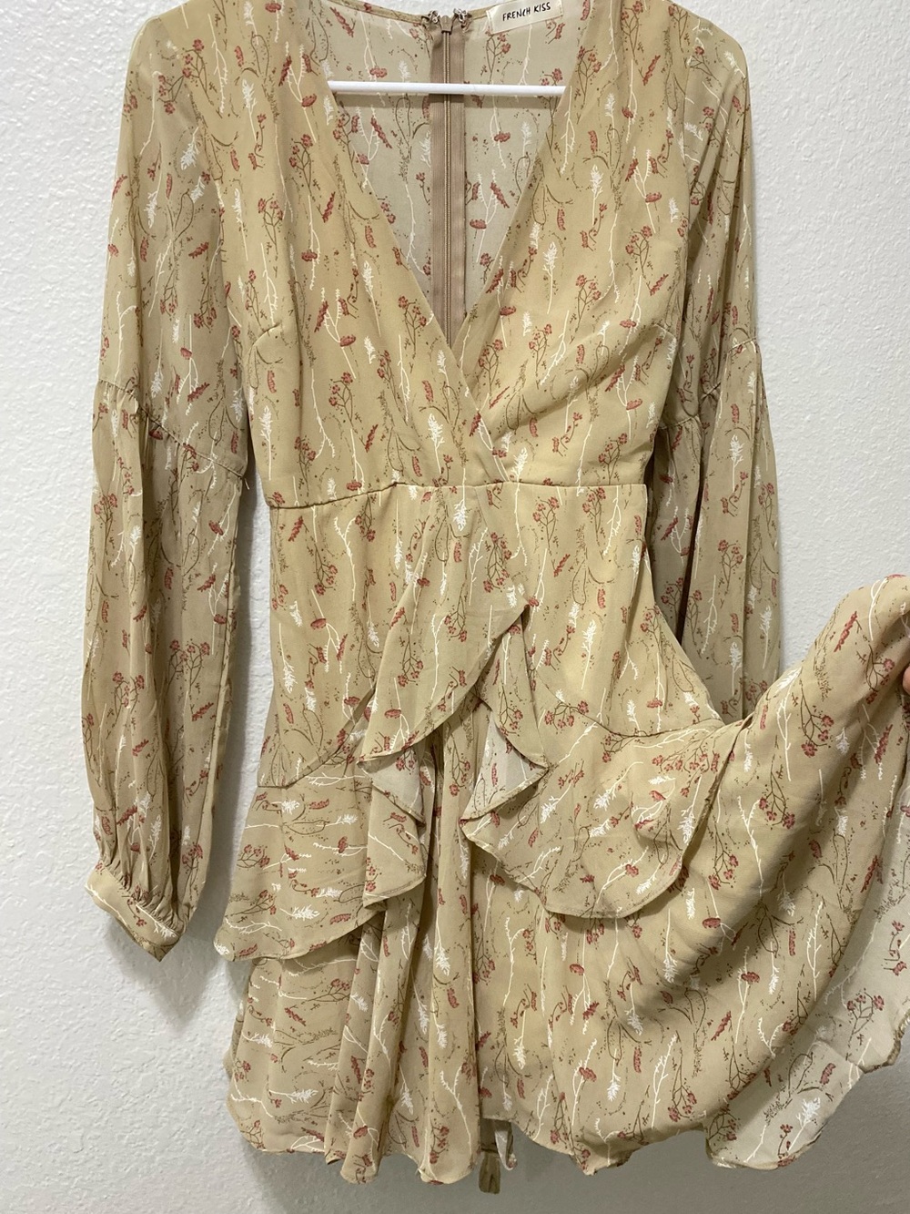 French Kiss Beige Floral Ruffle Mini Dress
